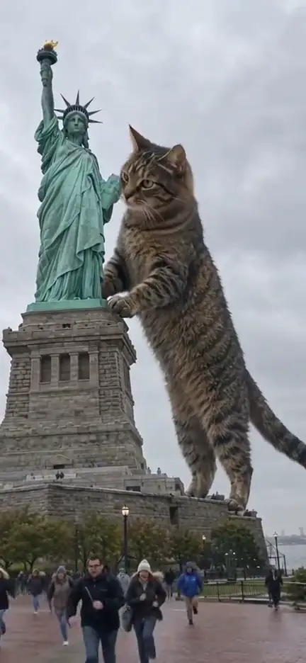 A giant cat climbing the Statue of Liberty.