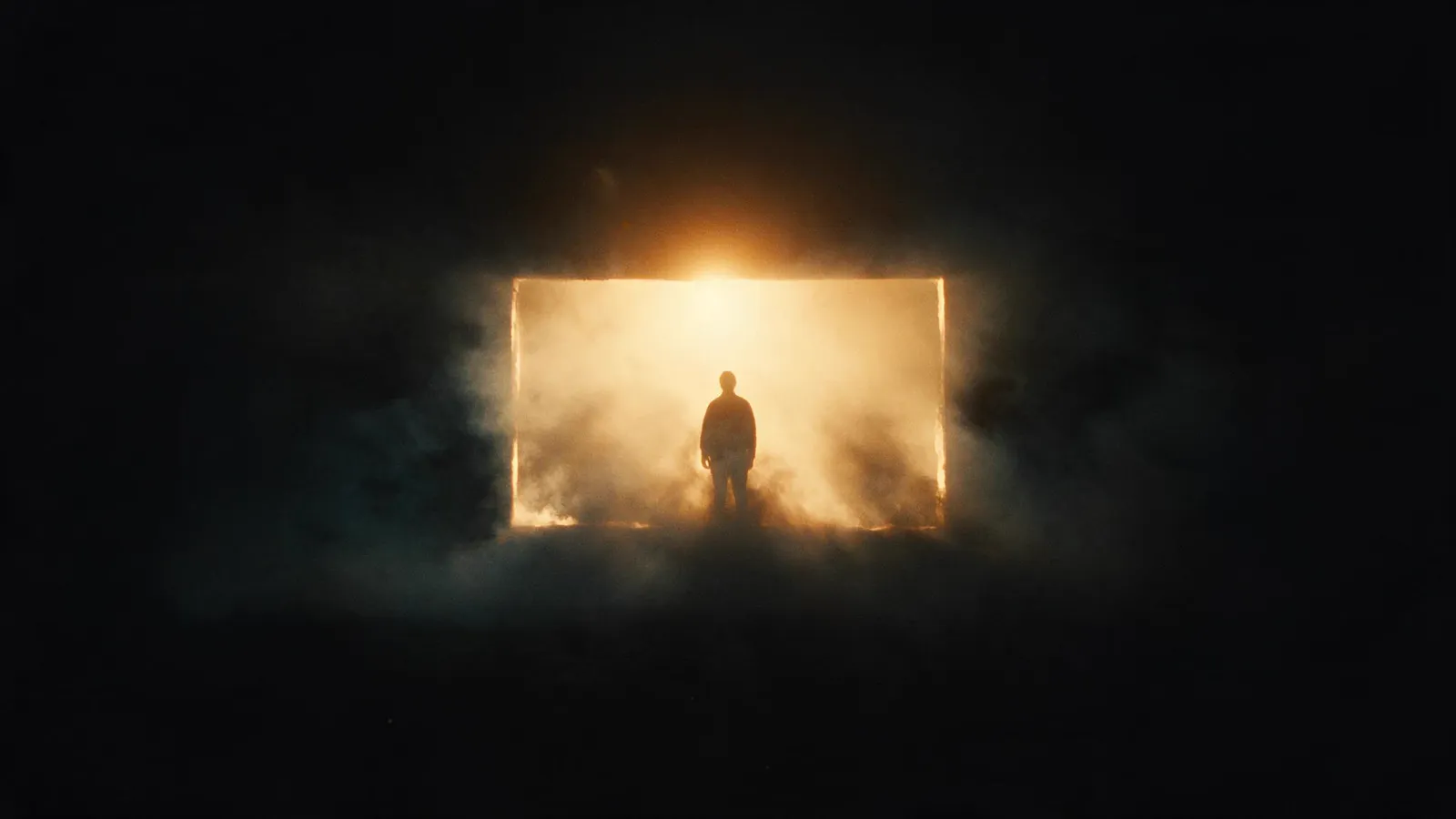 A figure in a doorway of amber light, fog around it.
